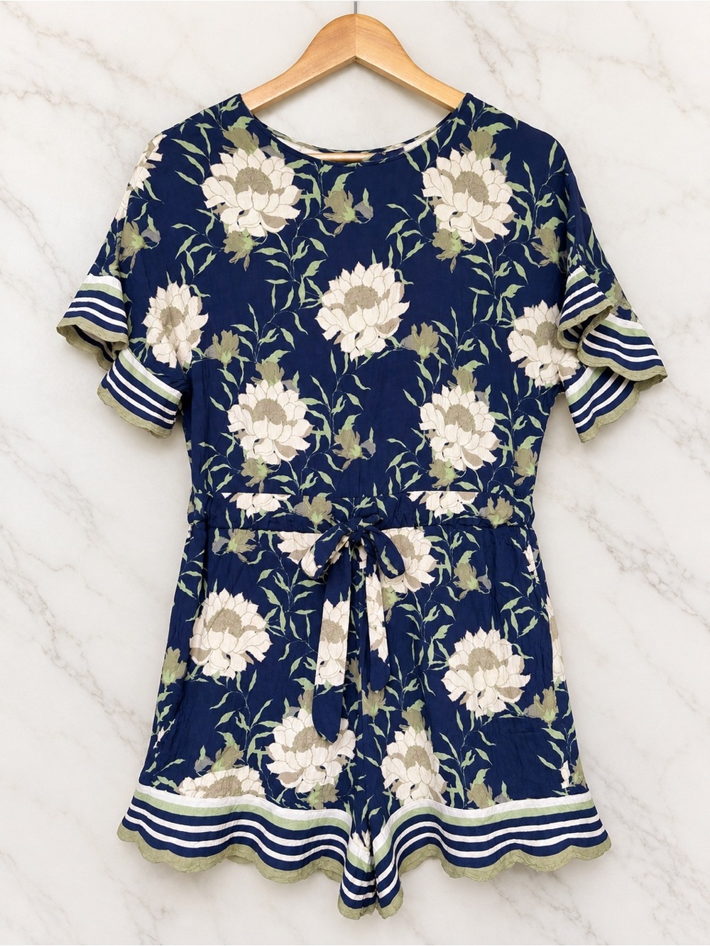 Anthropologie Women’s Navy Floral Tie-Waist Short Sleeve Romper